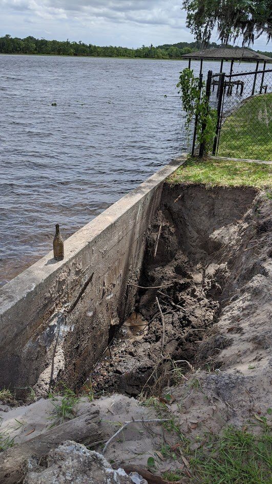 Failing seawall on the St. Johns River with major washout behind the wall showing the dirt eroded away